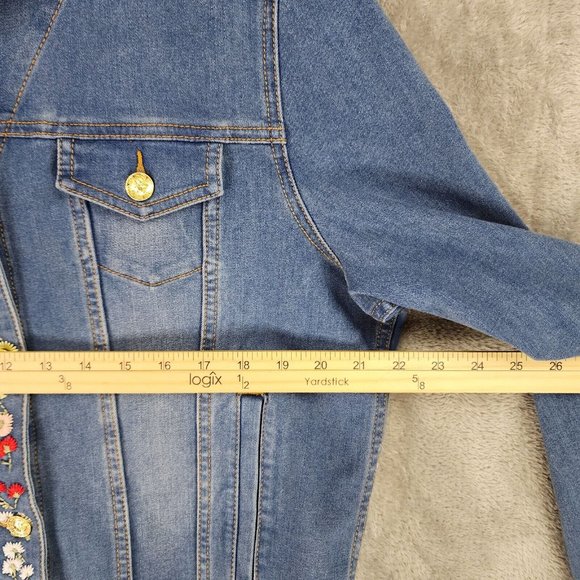 Nygard Jean Jackets Womens Large Blue Floral Embroidered Distressed Button Up - Picture 6 of 13